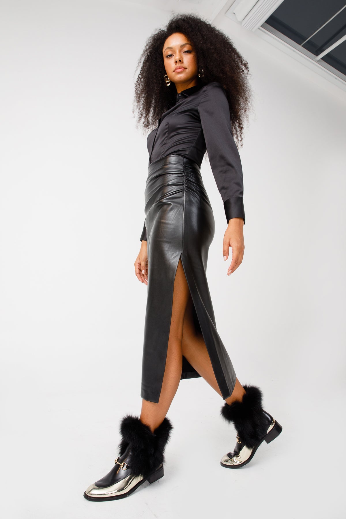 The Izmir Black Gold Leather Natural Fox Fur Mid Calf Boot