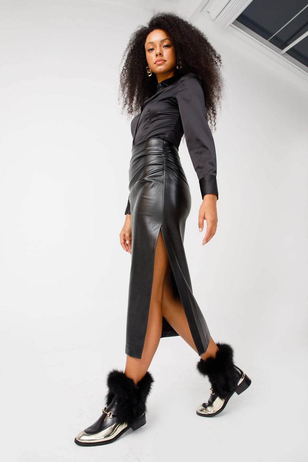 The Izmir Black Gold Leather Natural Fox Fur Mid Calf Boot