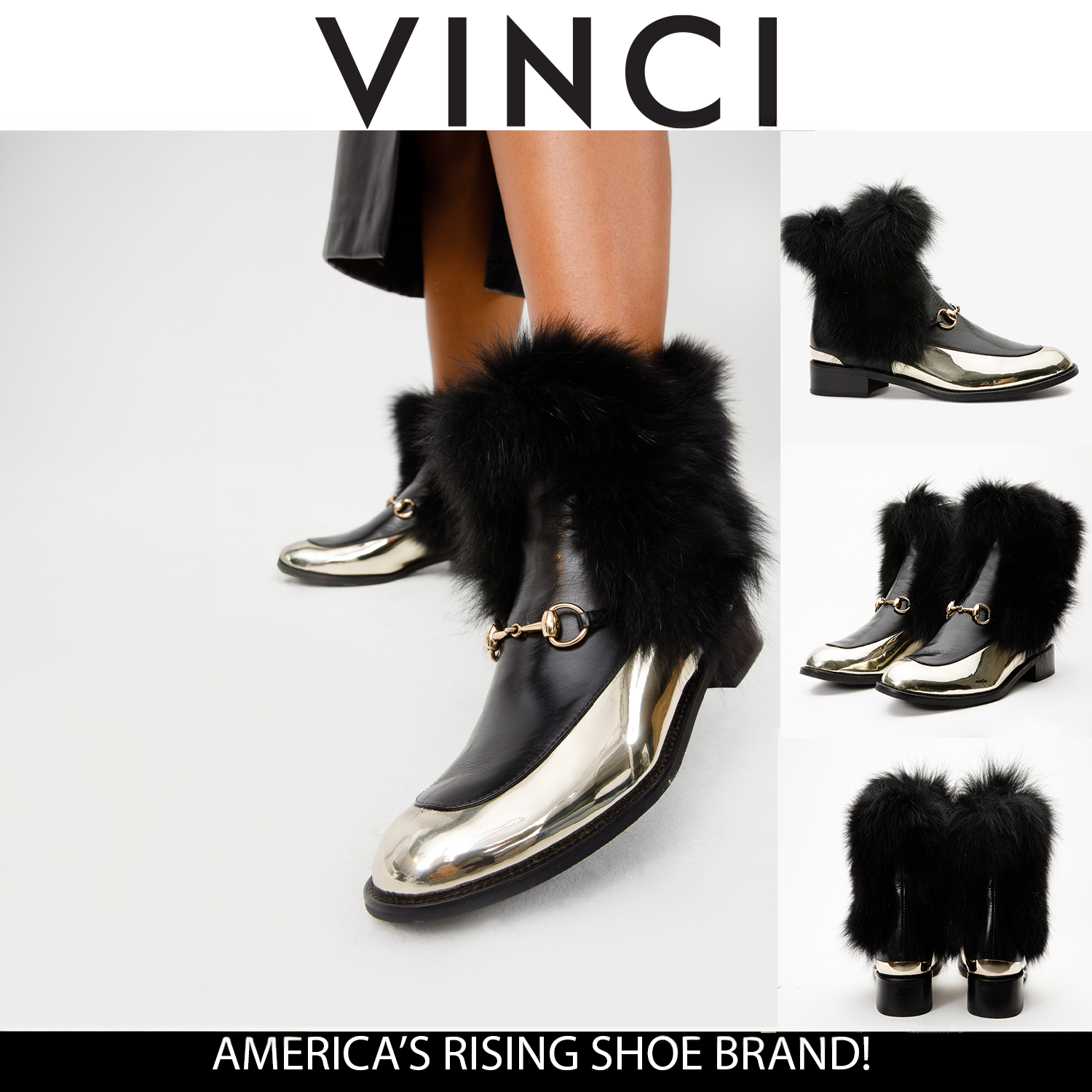 The Izmir Black Gold Leather Natural Fox Fur Mid Calf Boot