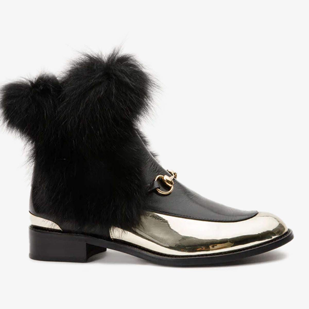 The Izmir Black Gold Leather Natural Fox Fur Mid Calf Boot