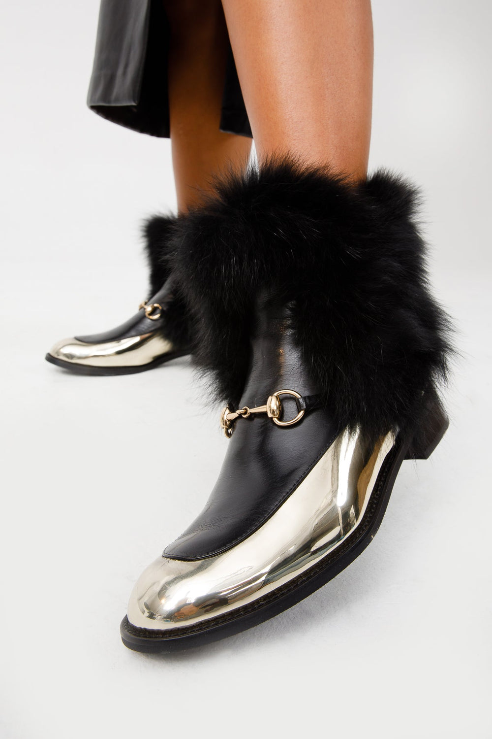 The Izmir Black Gold Leather Natural Fox Fur Mid Calf Boot