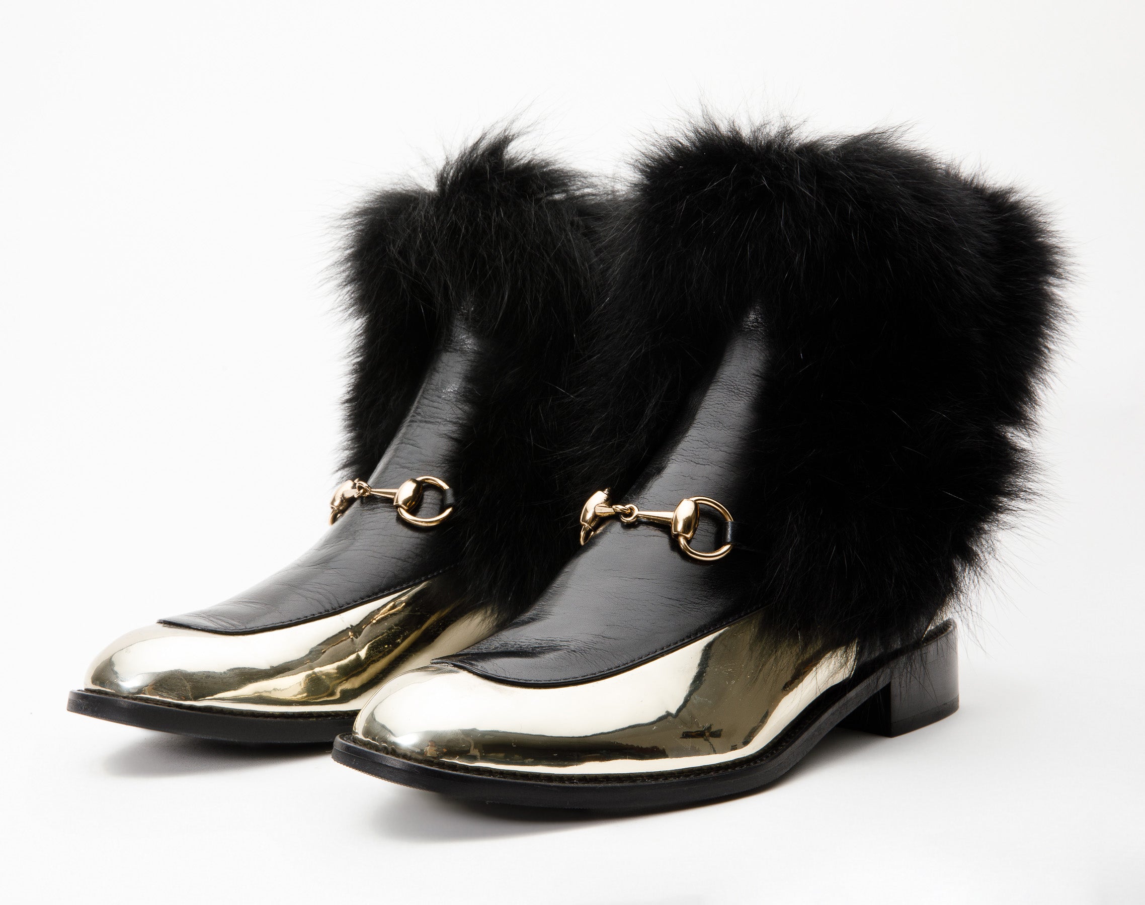The Izmir Black Gold Leather Natural Fox Fur Mid Calf Boot