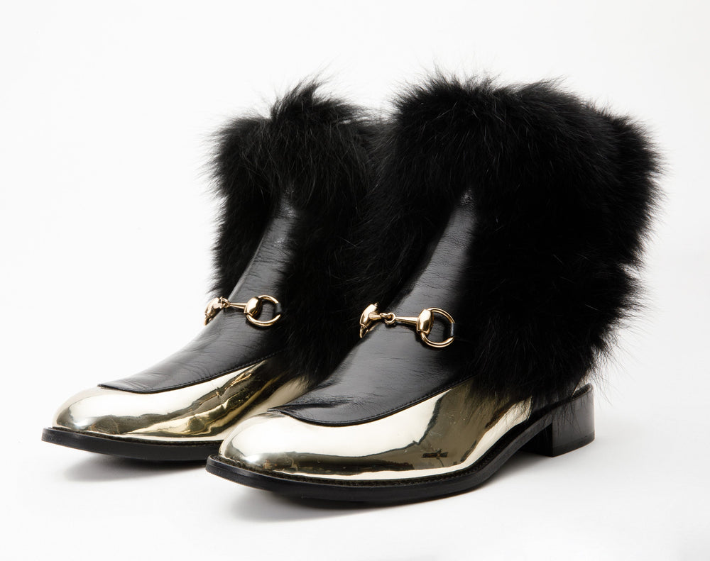 The Izmir Black Gold Leather Natural Fox Fur Mid Calf Boot