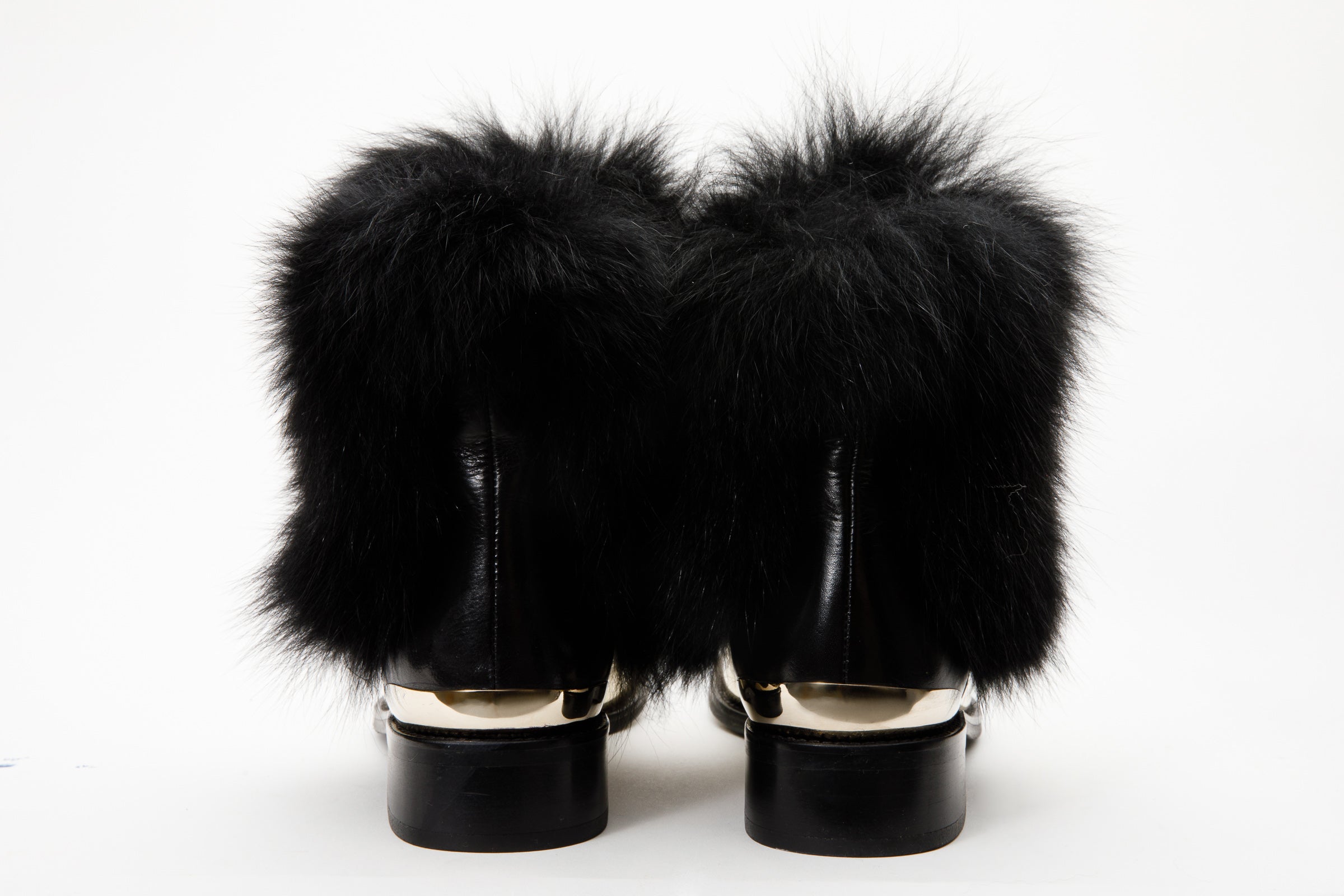 The Izmir Black Gold Leather Natural Fox Fur Mid Calf Boot