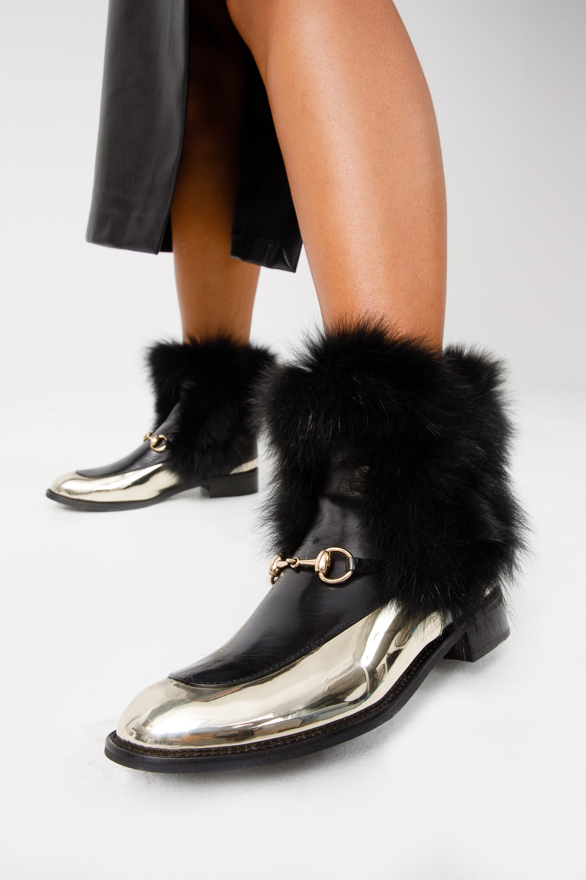 The Izmir Black Gold Leather Natural Fox Fur Mid Calf Boot