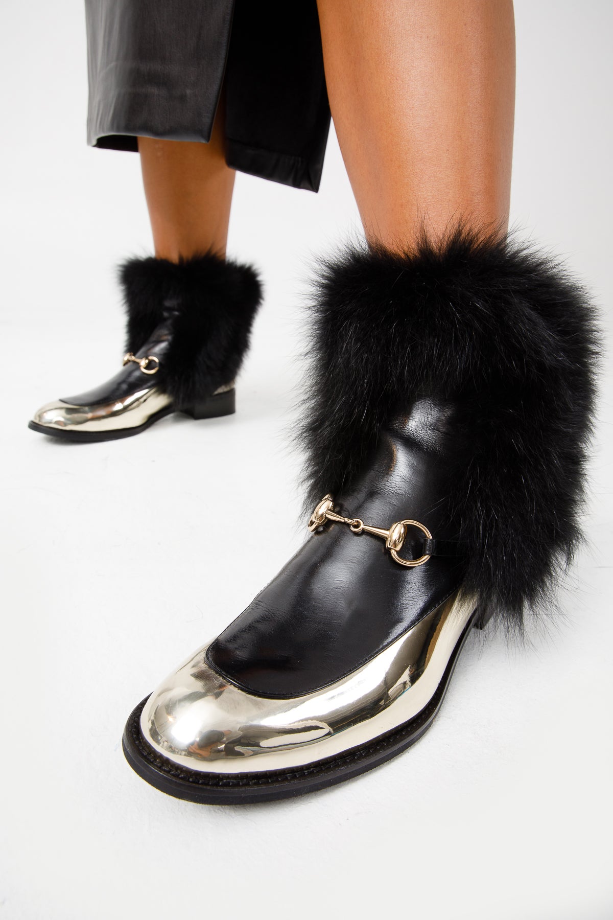 The Izmir Black Gold Leather Natural Fox Fur Mid Calf Boot