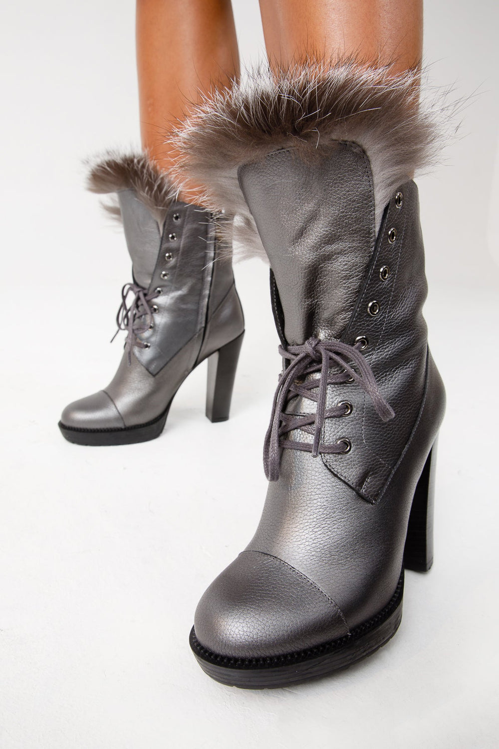 The Melo Gray Leather Natural Fur Mid Calf Platform Heel Boot