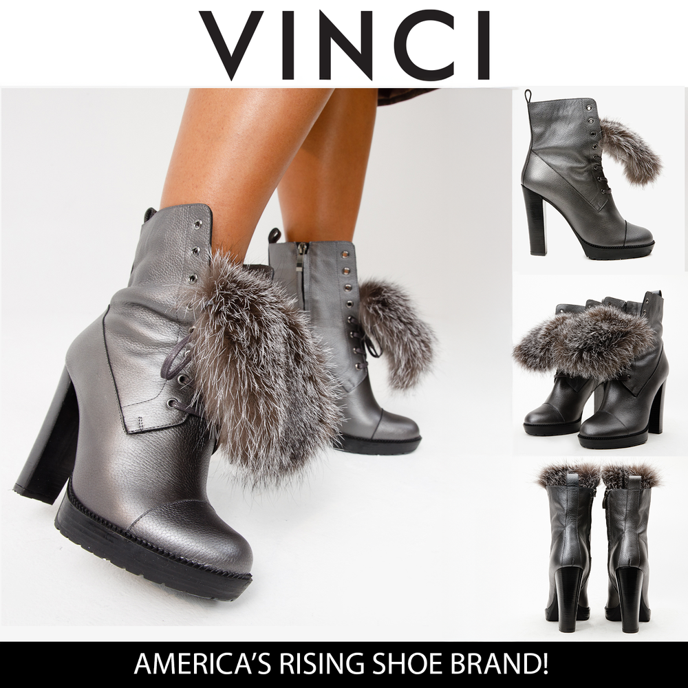 The Melo Gray Leather Natural Fur Mid Calf Platform Heel Boot