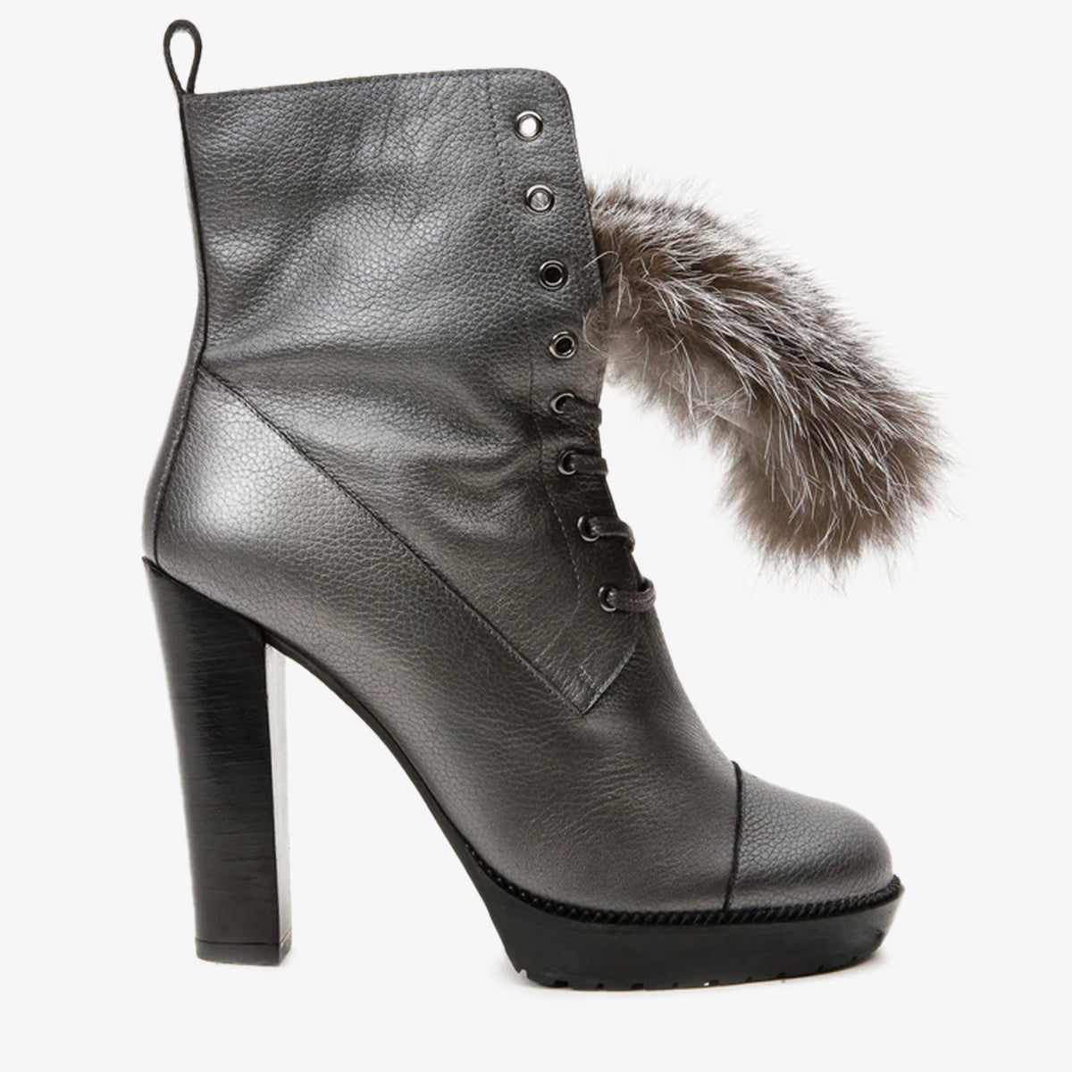 The Melo Gray Leather Natural Fur Mid Calf Platform Heel Boot
