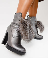 The Melo Gray Leather Natural Fur Mid Calf Platform Heel Boot