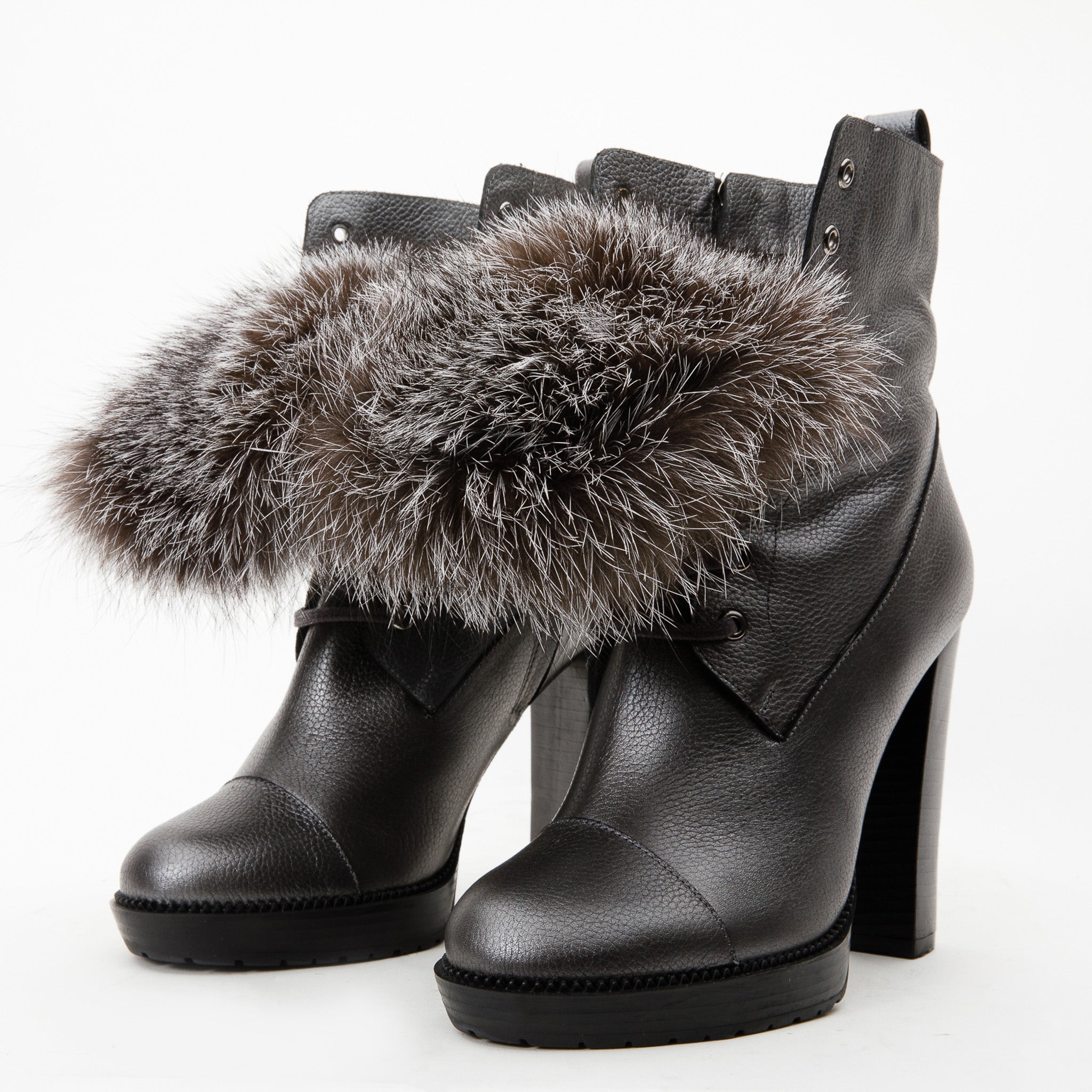 The Melo Gray Leather Natural Fur Mid Calf Platform Heel Boot