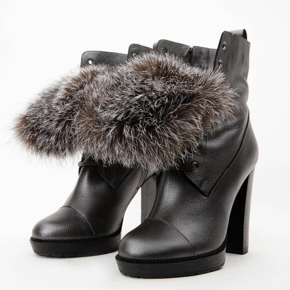 The Melo Gray Leather Natural Fur Mid Calf Platform Heel Boot