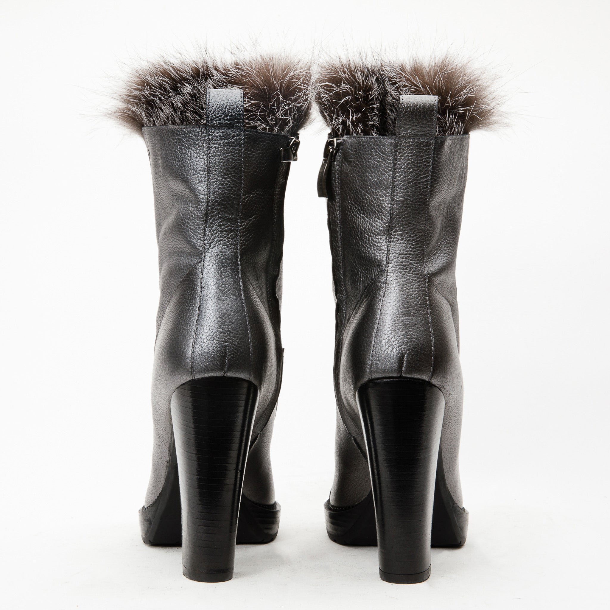 The Melo Gray Leather Natural Fur Mid Calf Platform Heel Boot