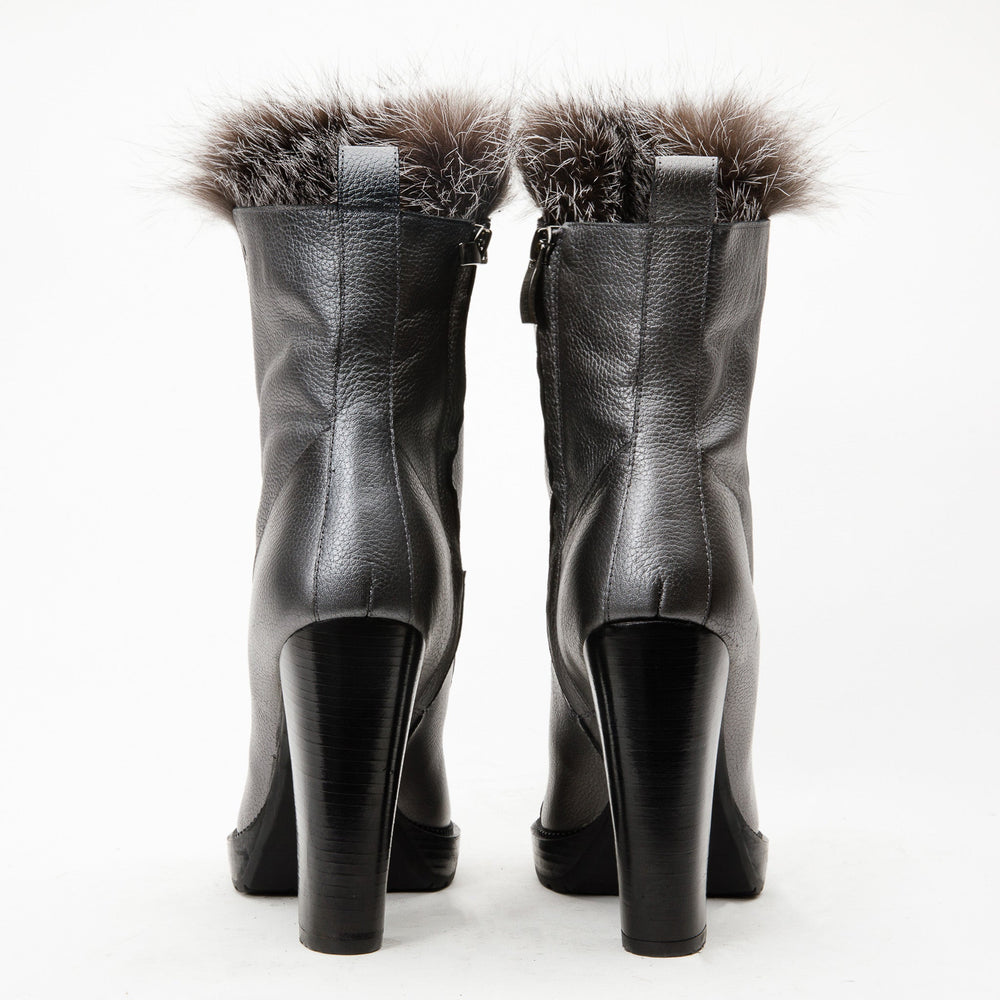 The Melo Gray Leather Natural Fur Mid Calf Platform Heel Boot