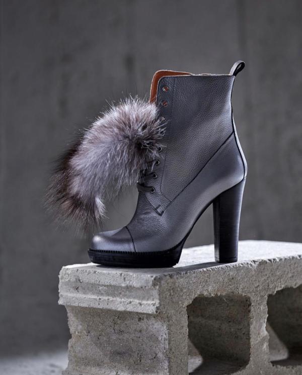 The Melo Gray Leather Natural Fur Mid Calf Platform Heel Boot
