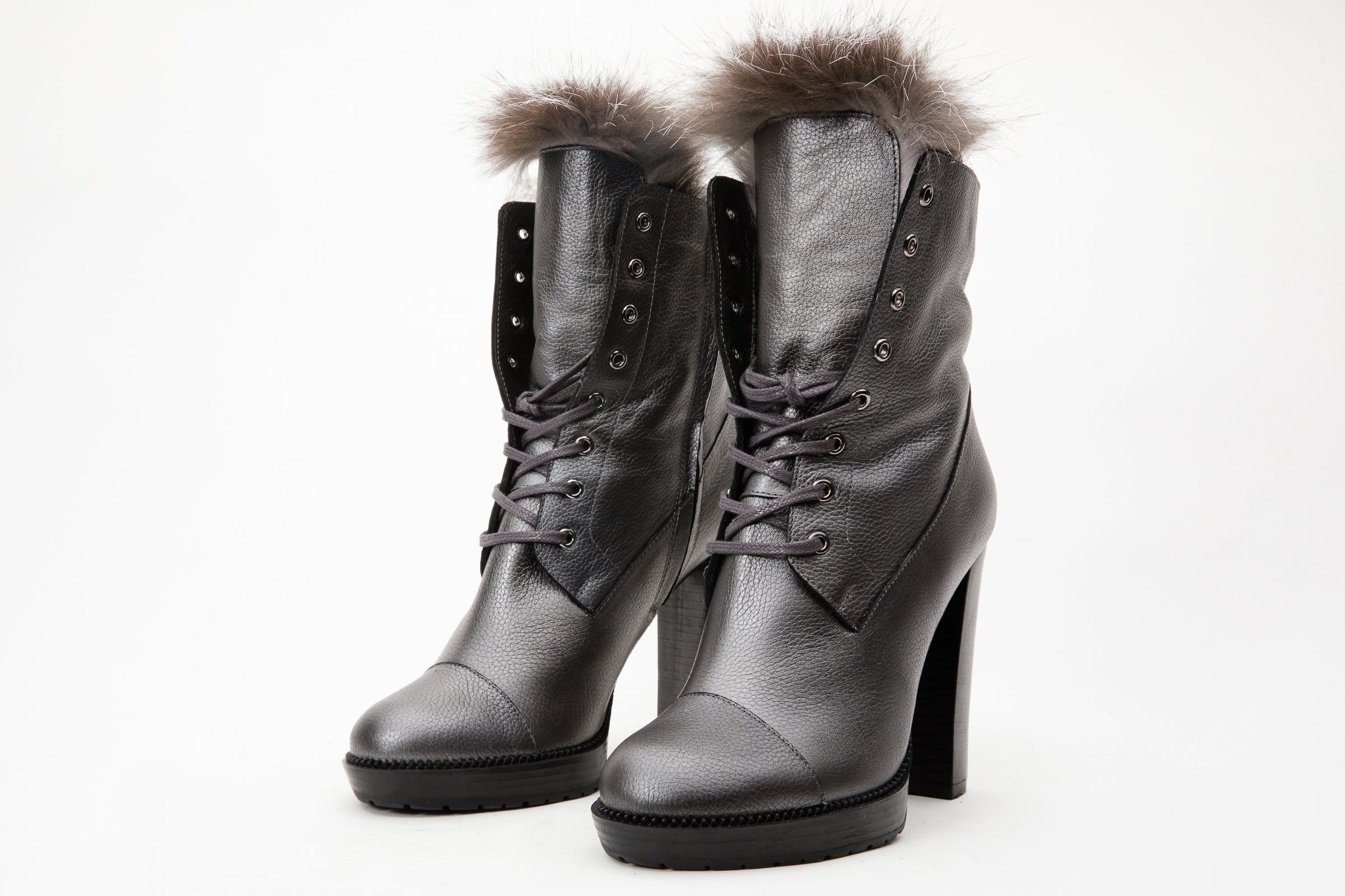 The Melo Gray Leather Natural Fur Mid Calf Platform Heel Boot