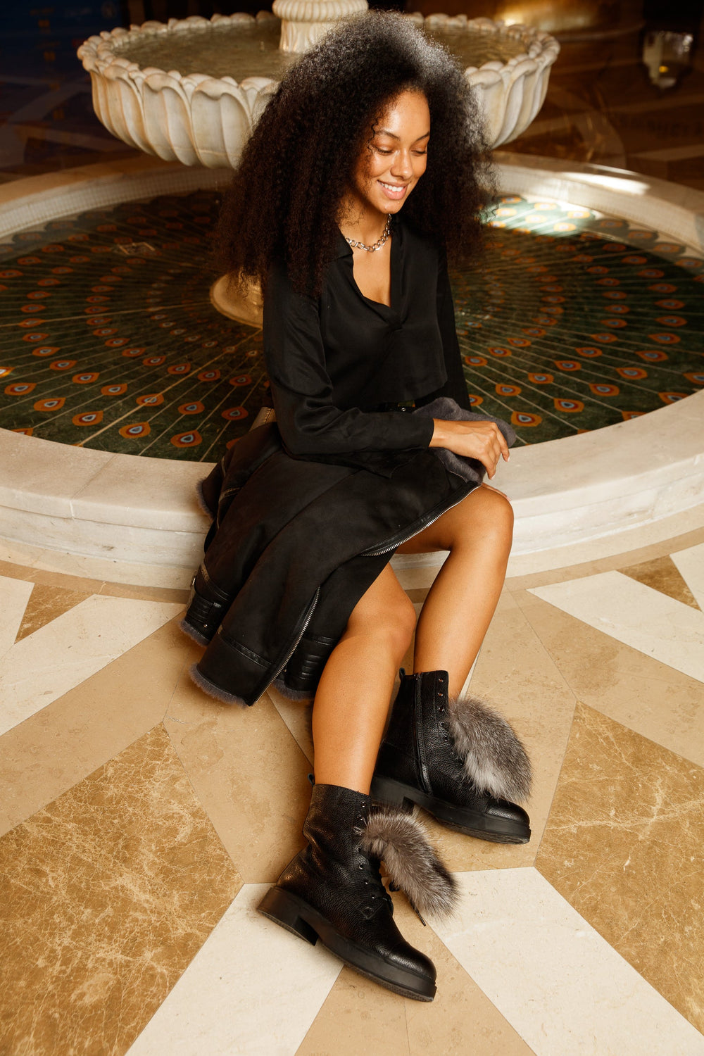 The Kajapati Black Leather Natural Fur Mid Calf Boot