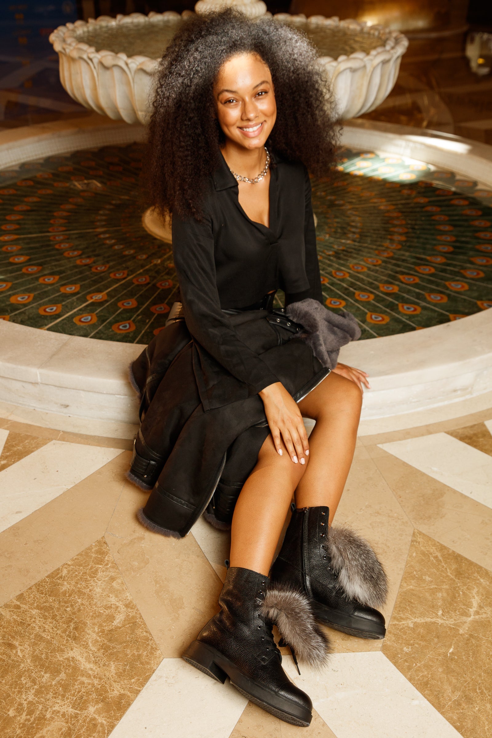 The Kajapati Black Leather Natural Fur Mid Calf Boot
