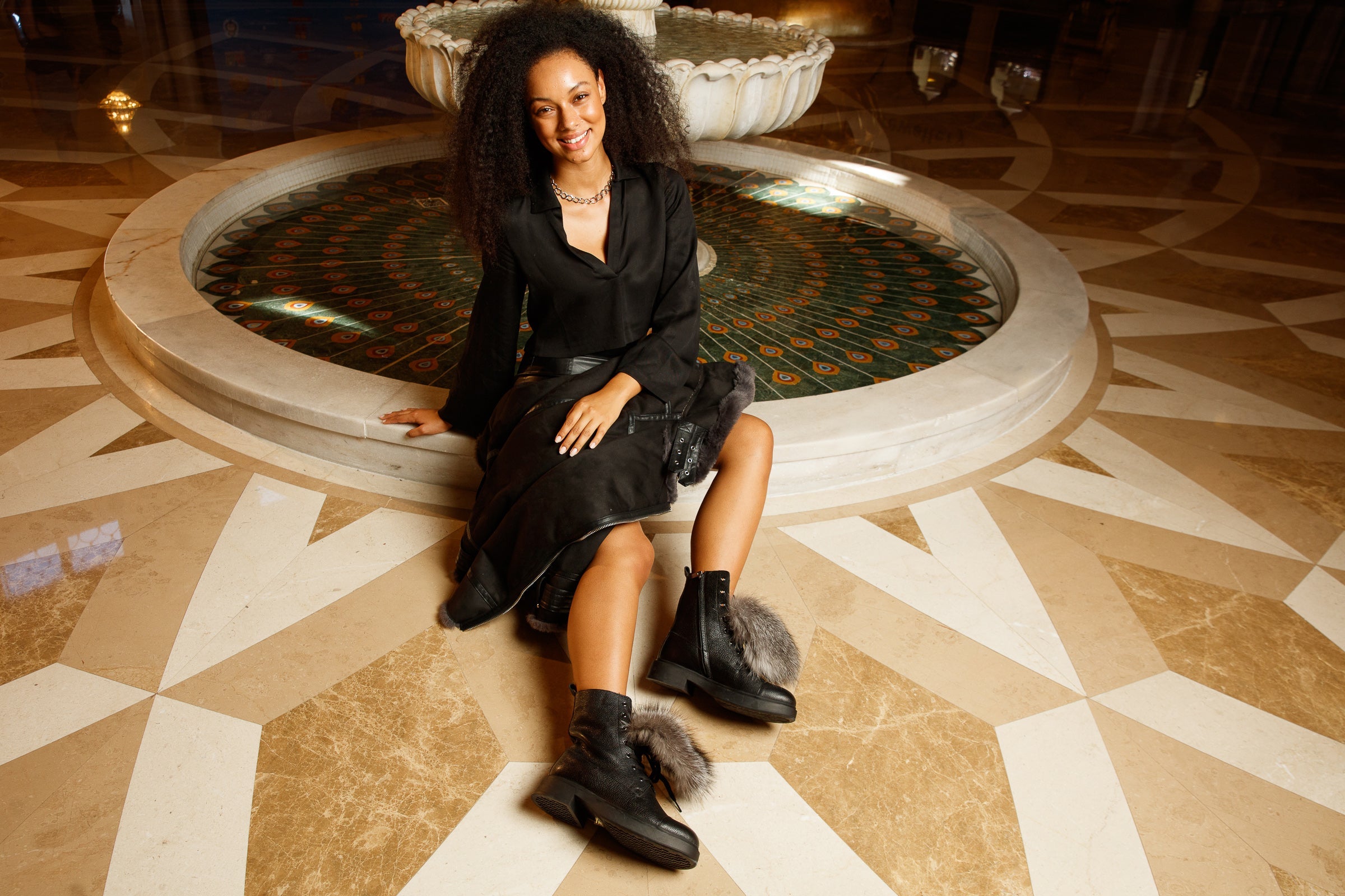 The Kajapati Black Leather Natural Fur Mid Calf Boot