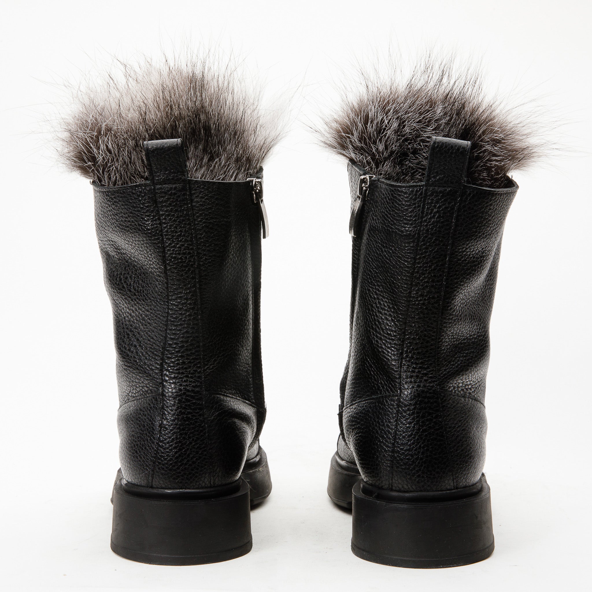 The Kajapati Black Leather Natural Fur Mid Calf Boot
