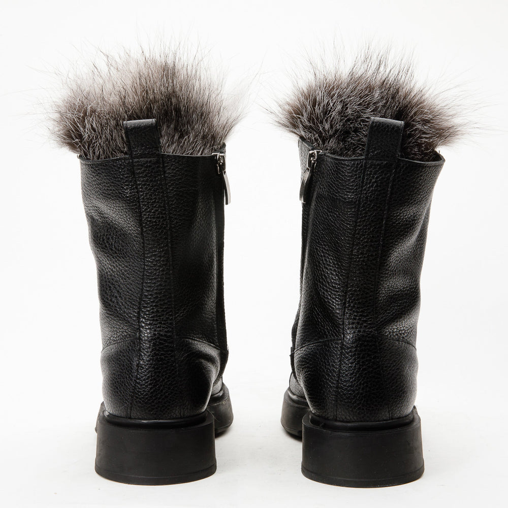 The Kajapati Black Leather Natural Fur Mid Calf Boot