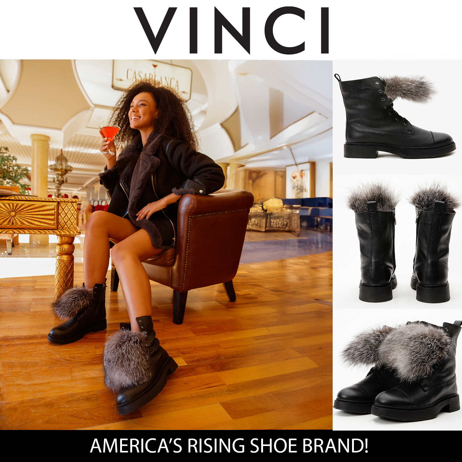 The Kajapati Black Leather Natural Fur Mid Calf Boot