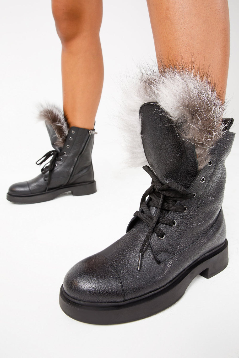 The Kajapati Black Leather Natural Fur Mid Calf Boot