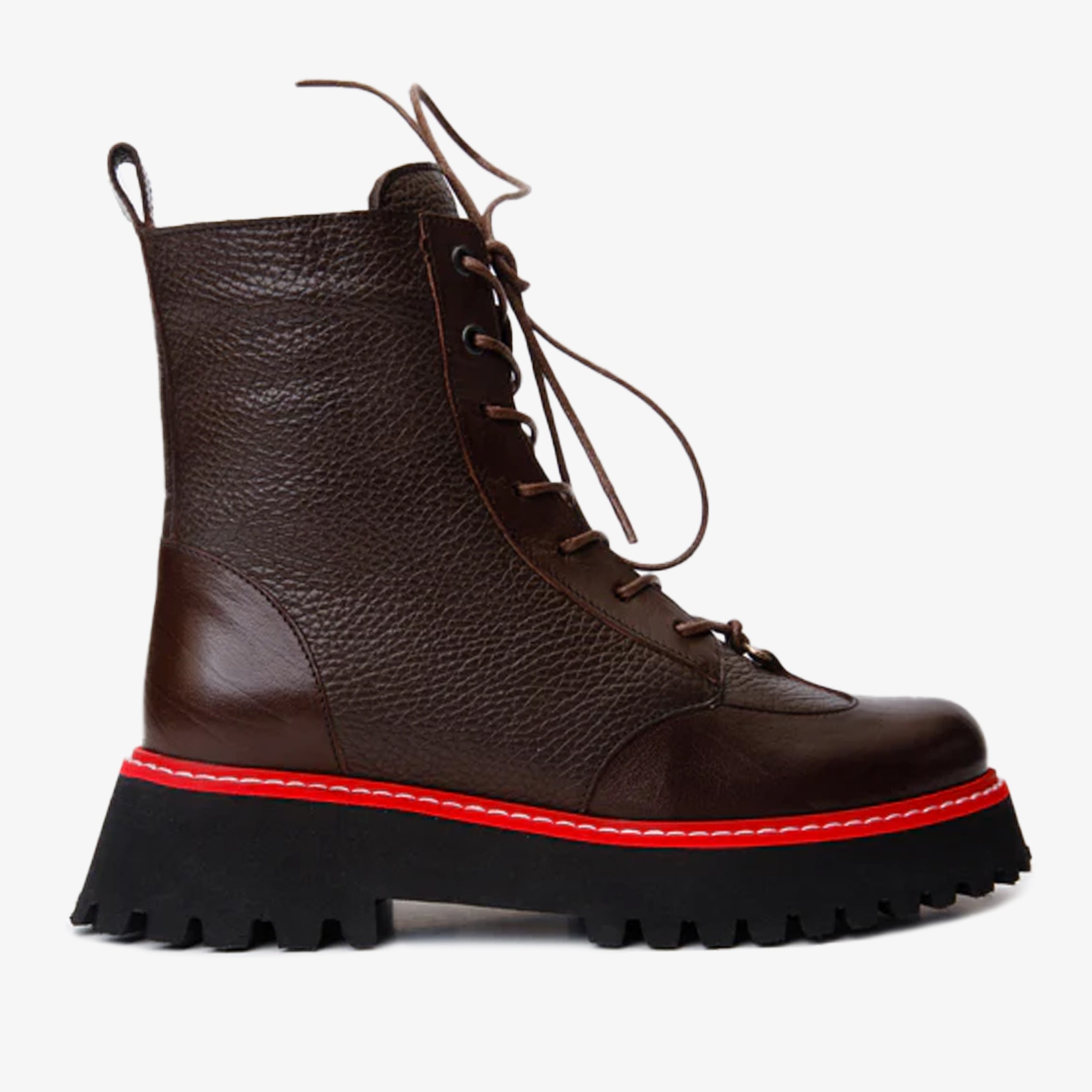The Yildiz Brown Leather Lace-Up Ankle  Boot With a Side Zipper