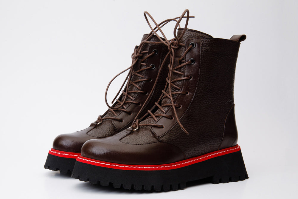 The Yildiz Brown Leather Lace-Up Ankle  Boot With a Side Zipper