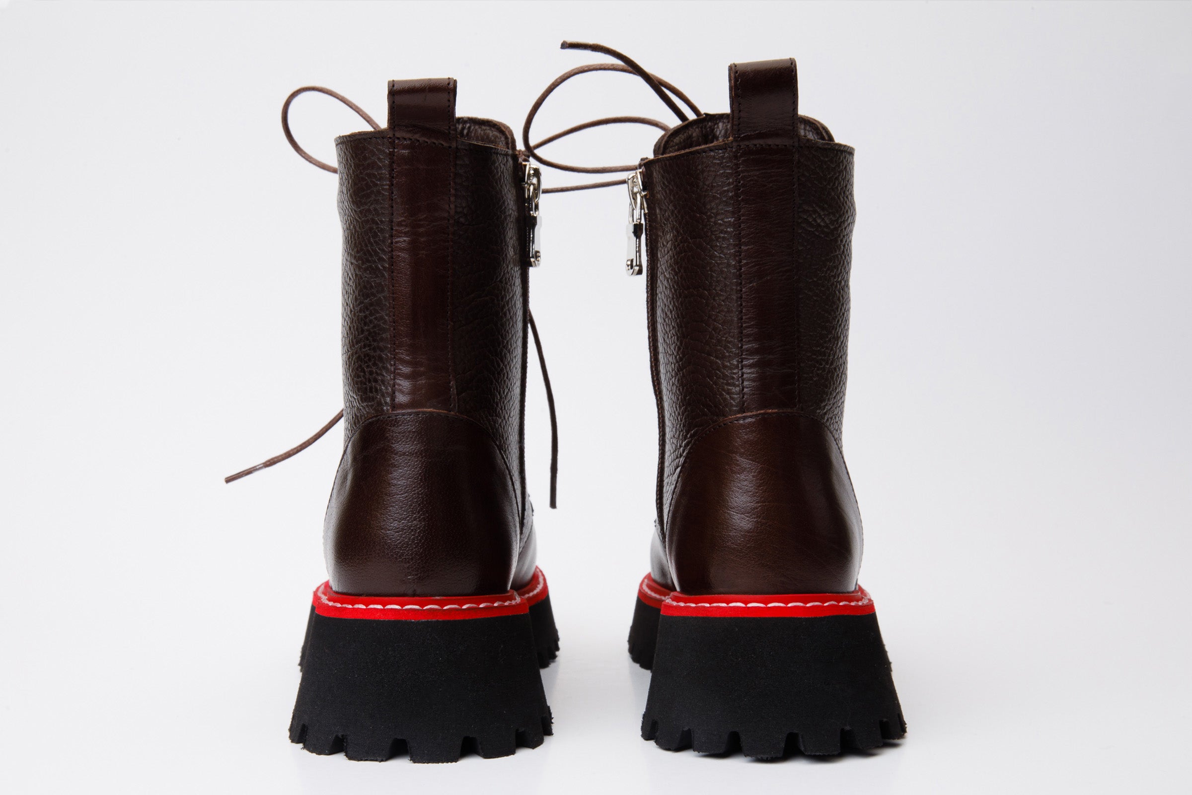 The Yildiz Brown Leather Lace-Up Ankle  Boot With a Side Zipper