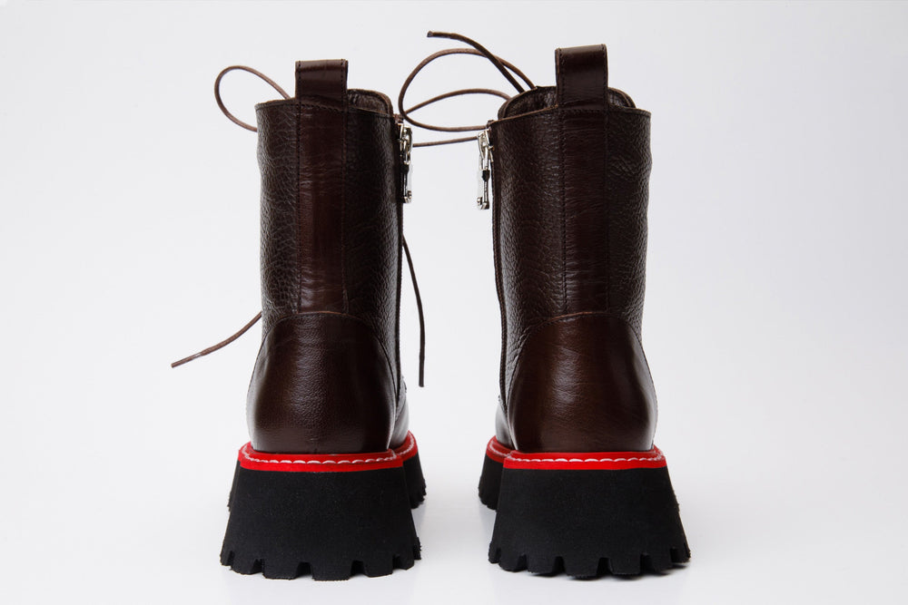 The Yildiz Brown Leather Lace-Up Ankle  Boot With a Side Zipper