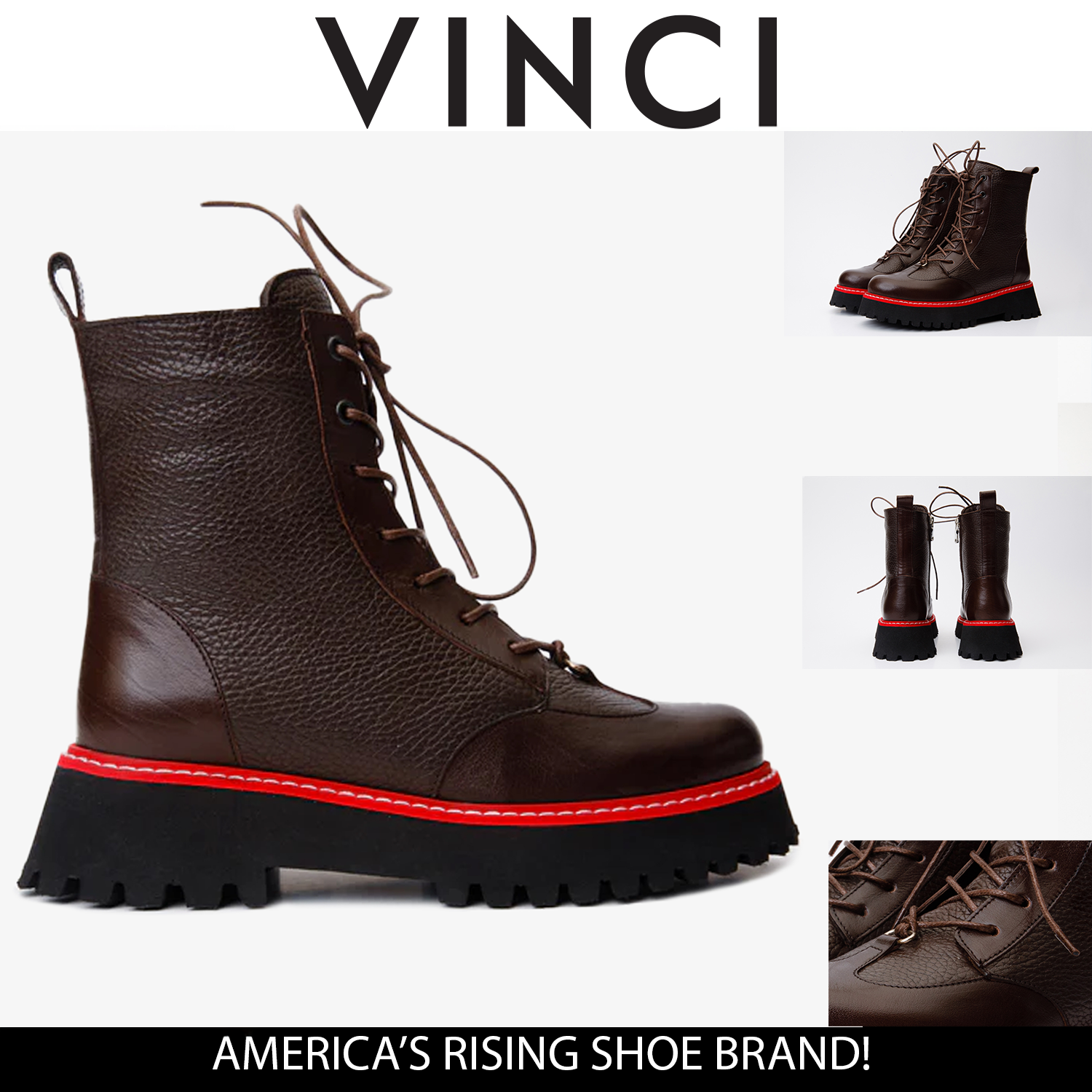 The Yildiz Brown Leather Lace-Up Ankle  Boot With a Side Zipper