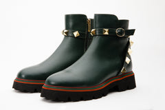 The Prag Green Leather Ankle Booto