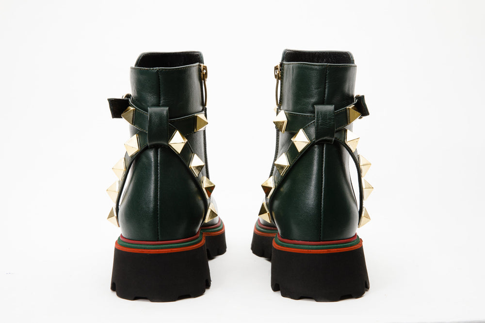 The Prag Green Leather Ankle Booto