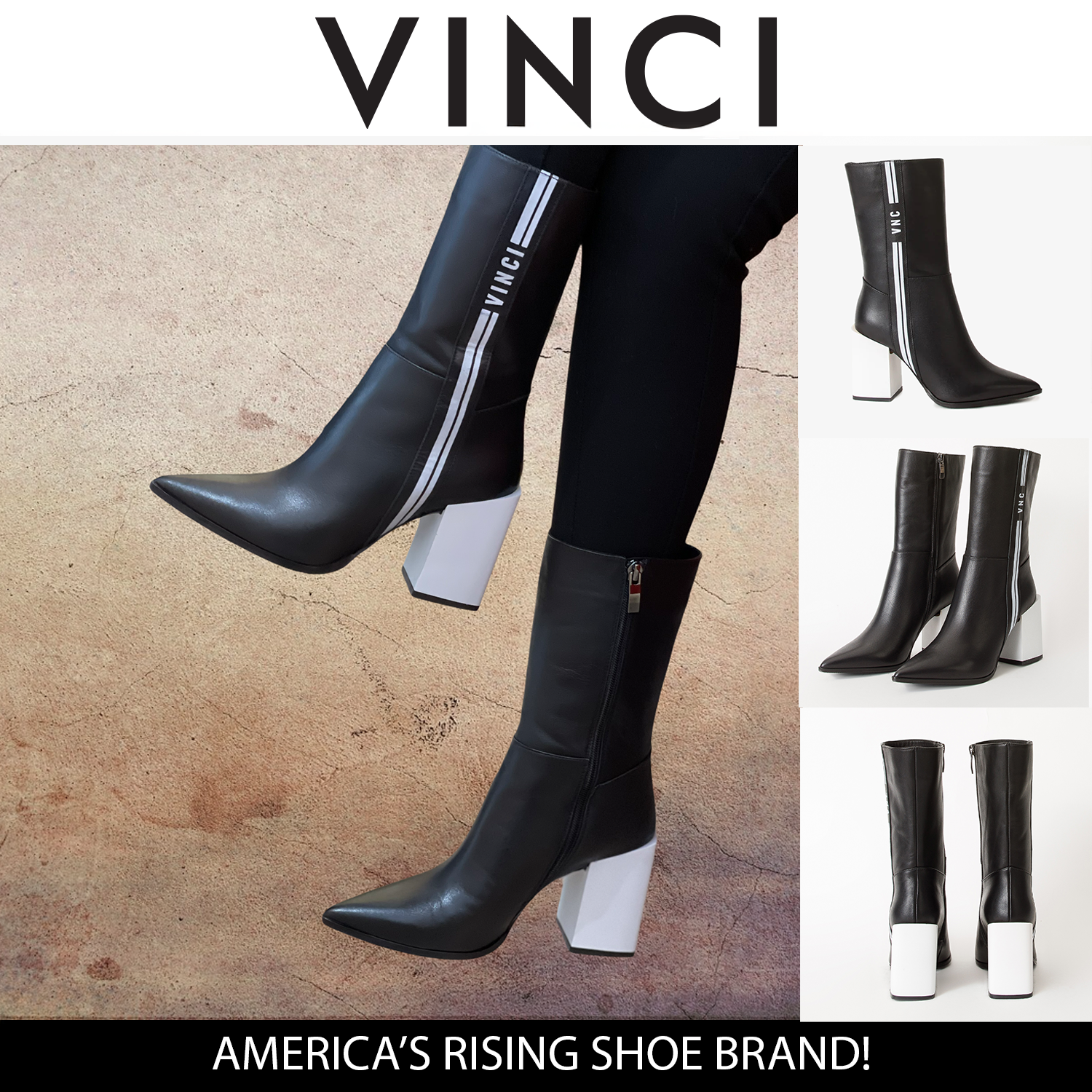 The Loretto Black Leather Block Heel Mid Calf Boot