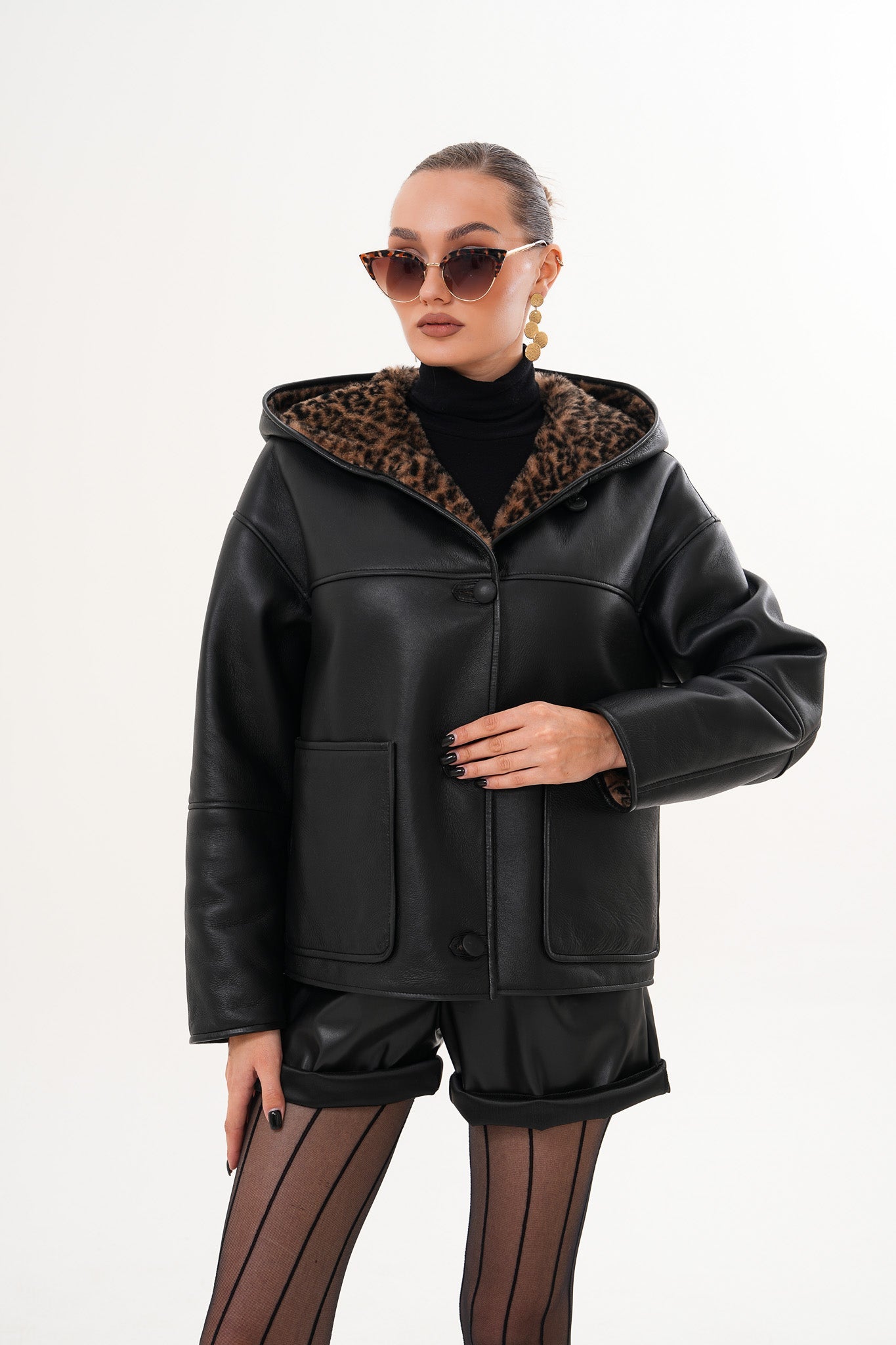 The Arlena Black \u0026amp; Leopard Shearling Leather Jacket