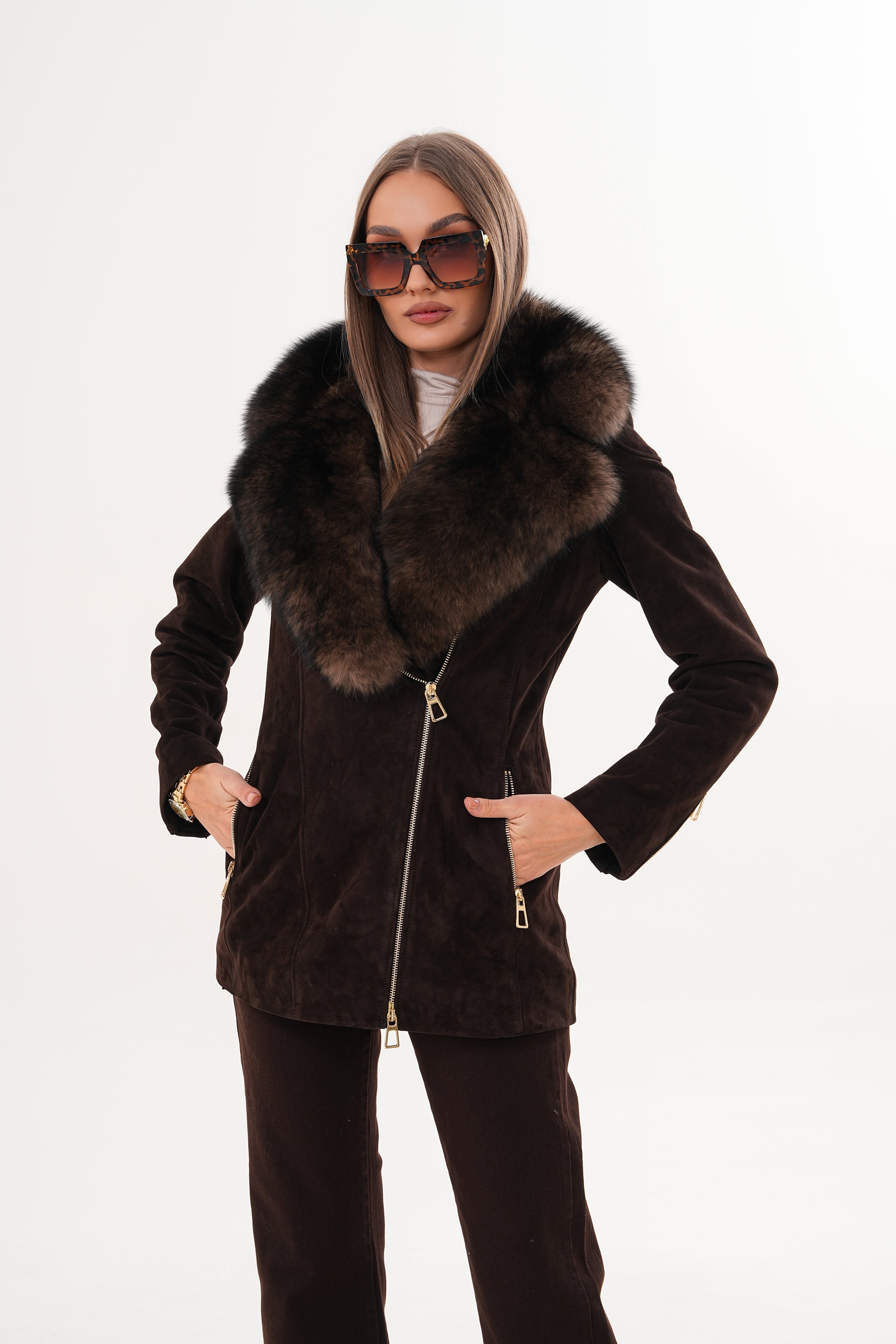 The Alessia Brown Leather Fox Fur Jacket