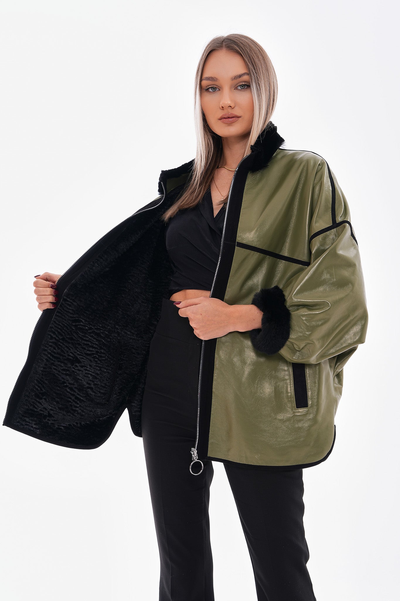 The Rebel Reversible Shearling Olive Green Leather Jacket