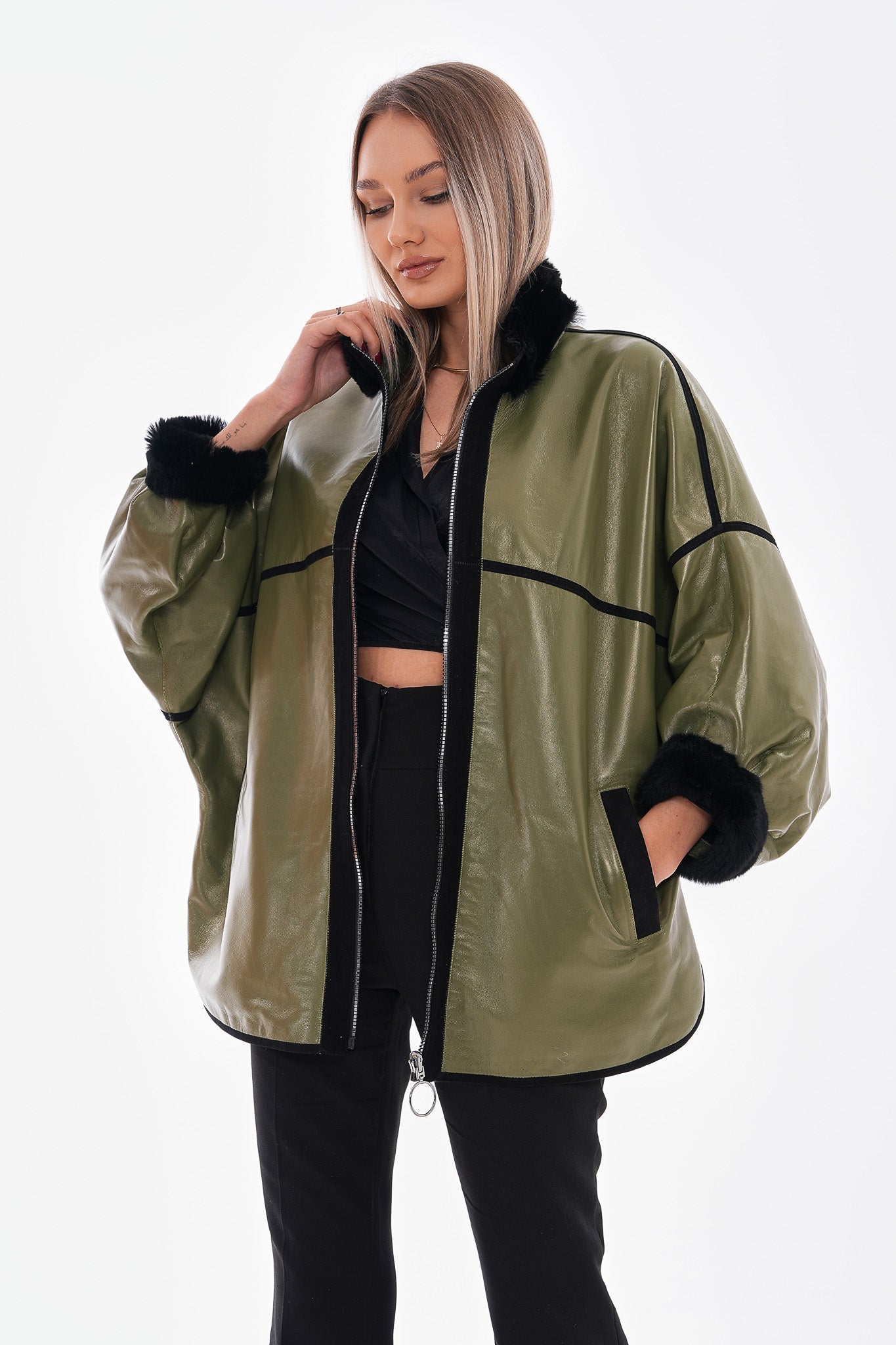 The Rebel Reversible Shearling Olive Green Leather Jacket
