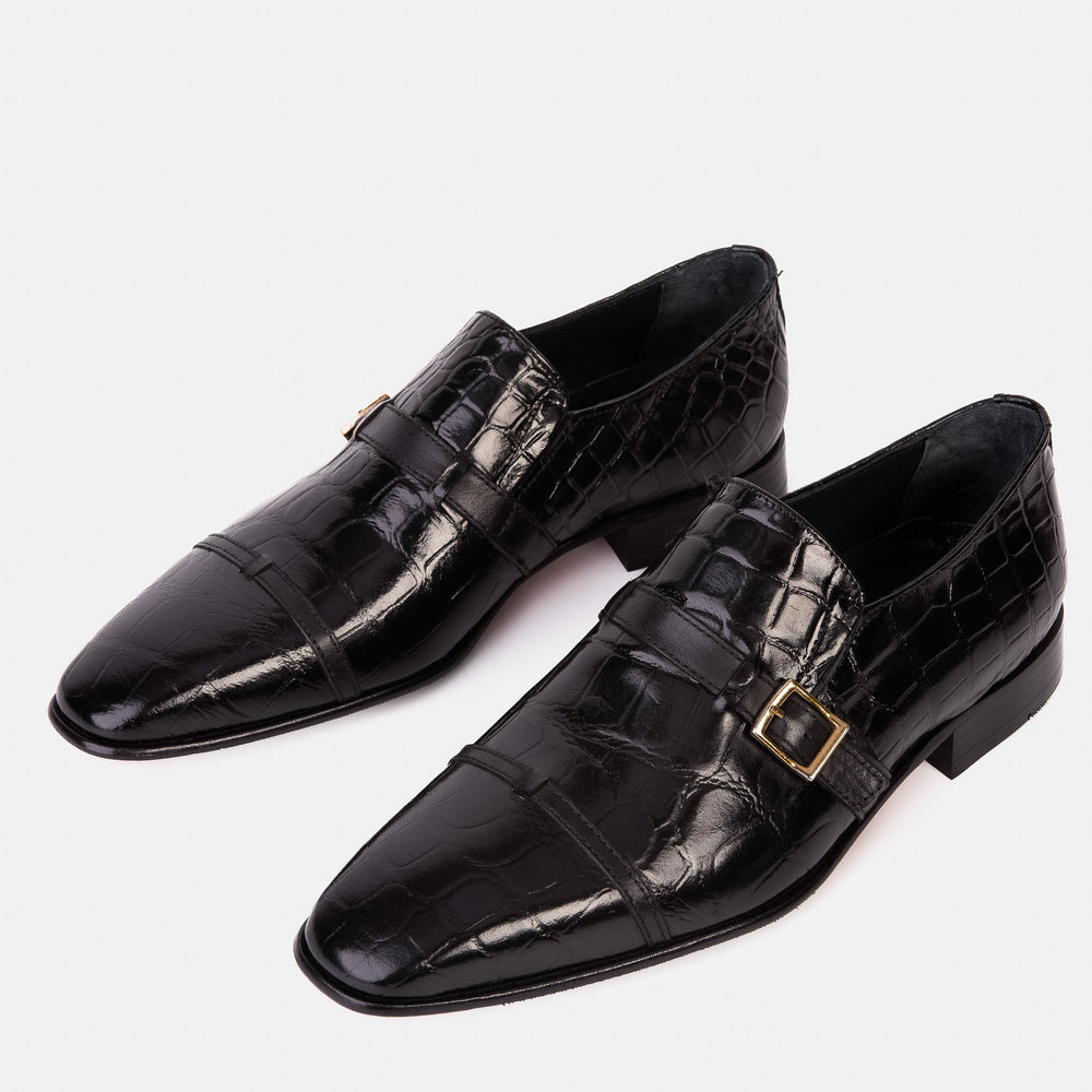 The Strat Single Monk Strap Cap Toe Black Leather Handmade Shoe