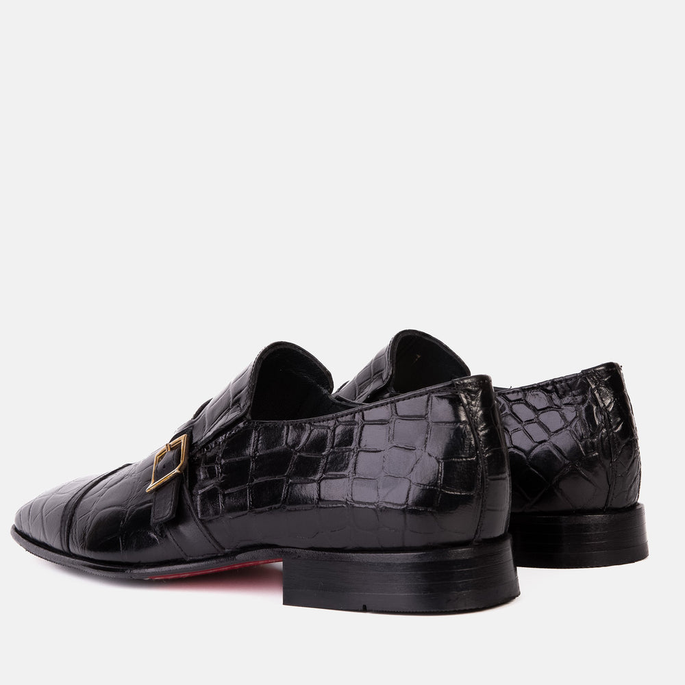 The Strat Single Monk Strap Cap Toe Black Leather Handmade Shoe