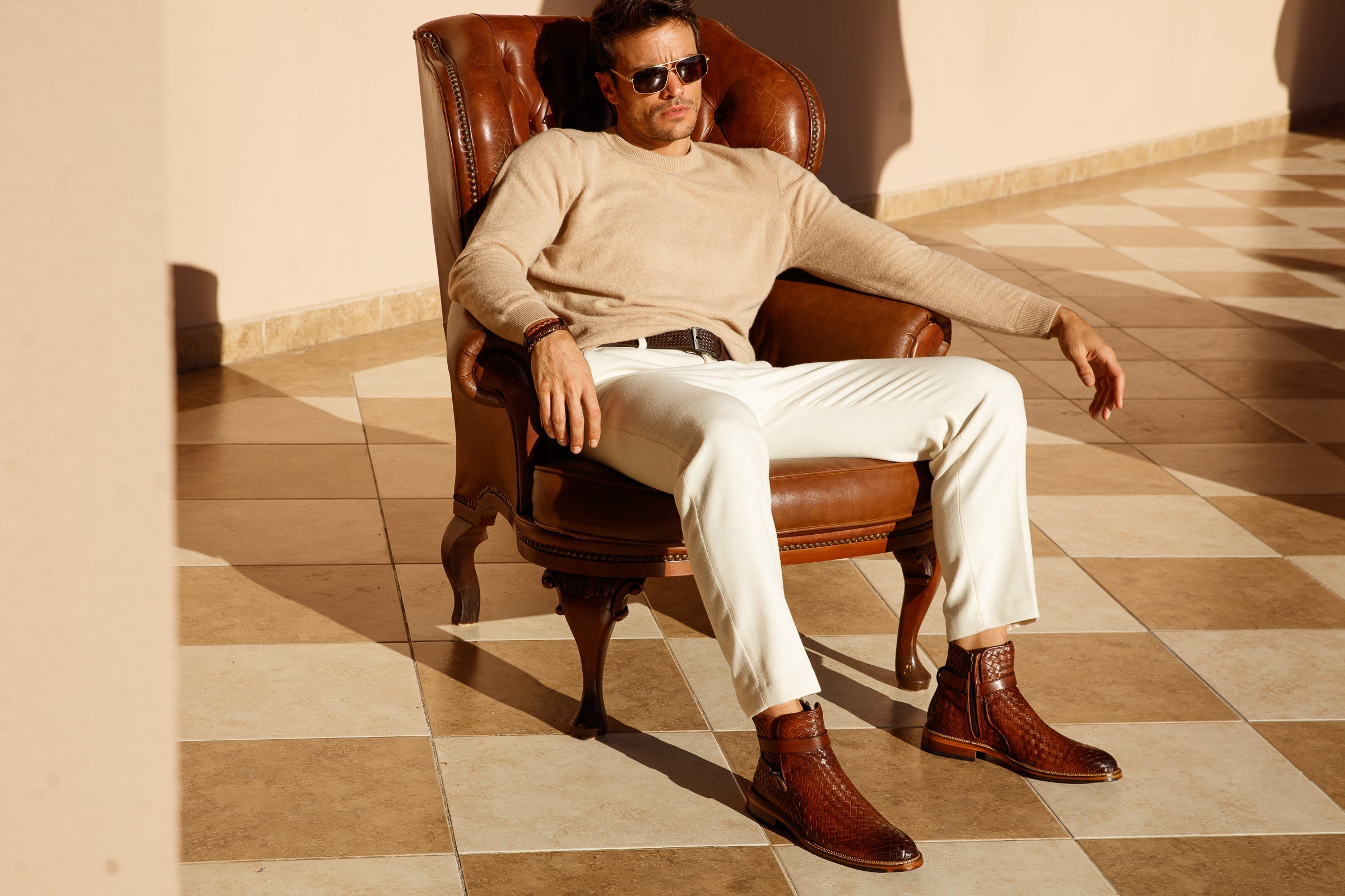 The Morral Tan Handwoven Leather Cross Strap Buckle Zip-Up Boot