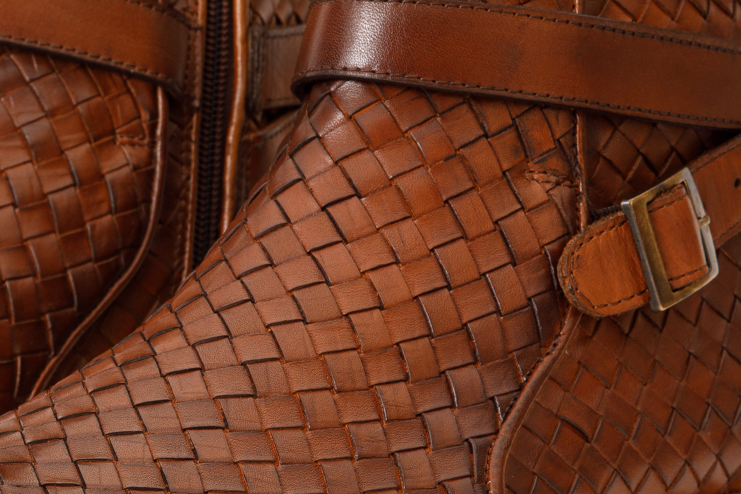 The Morral Tan Handwoven Leather Cross Strap Buckle Zip-Up Boot
