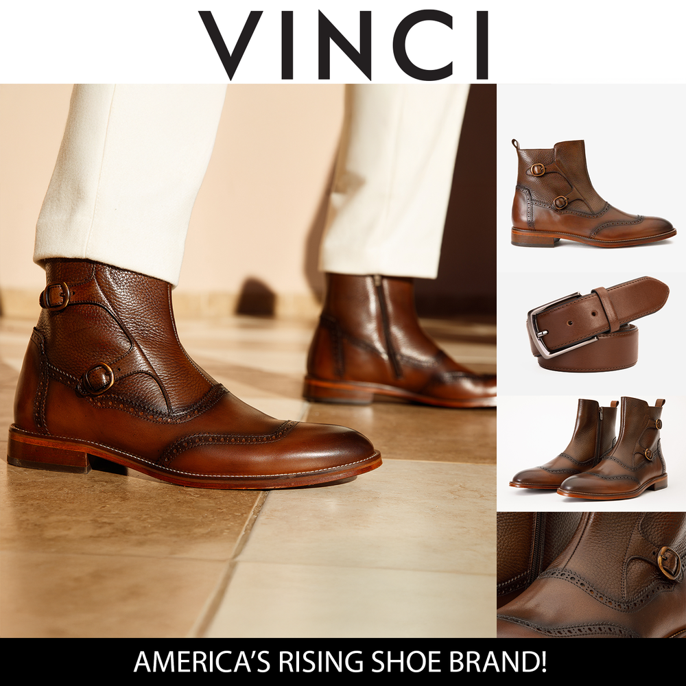 The Rand Brown Leather Double Buckle Brogue Boot with a Zipper