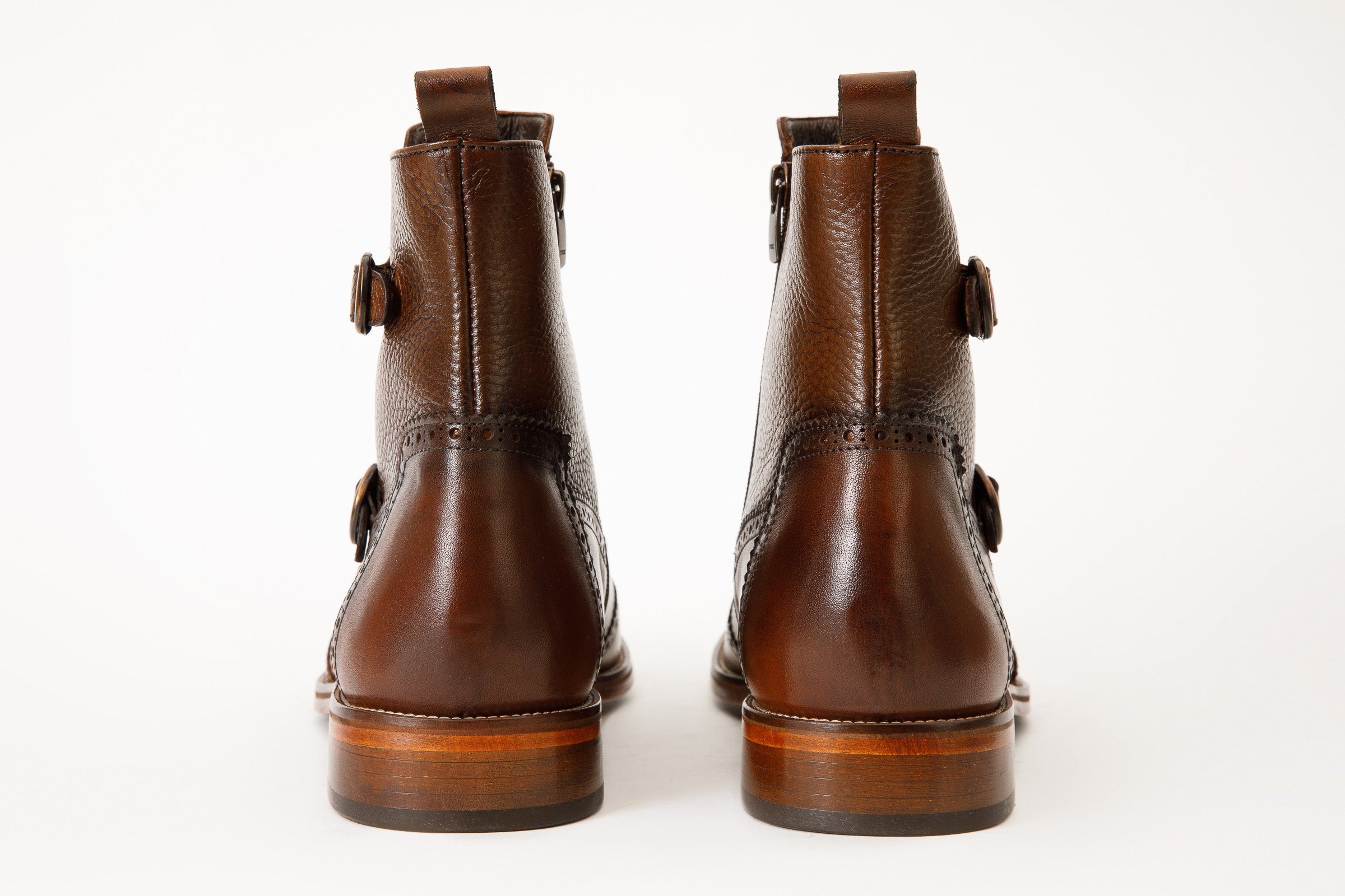 The Rand Brown Leather Double Buckle Brogue Boot with a Zipper