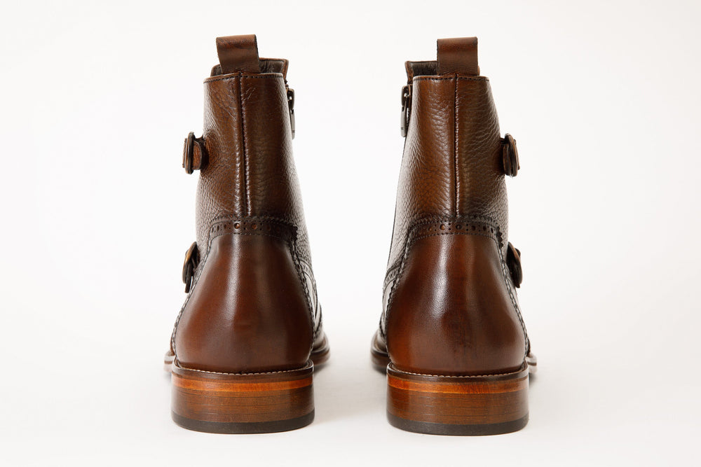 The Rand Brown Leather Double Buckle Brogue Boot with a Zipper