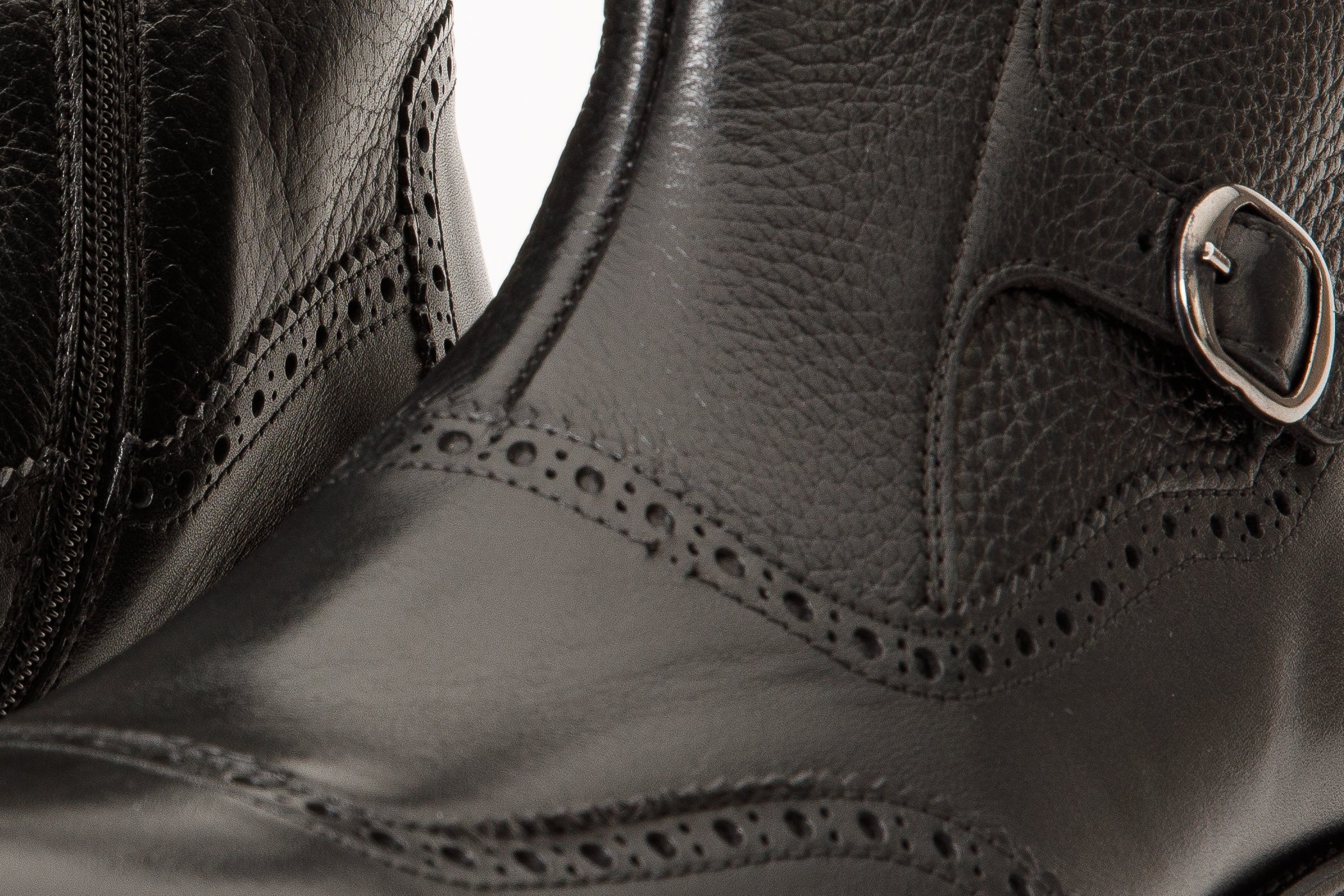 The Rand Black Leather Double Buckle Brogue Boot with a Zipper