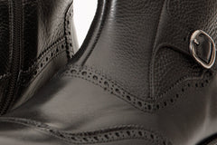 The Rand Black Leather Double Buckle Brogue Boot with a Zipper