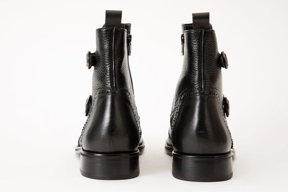 The Rand Black Leather Double Buckle Brogue Boot with a Zipper