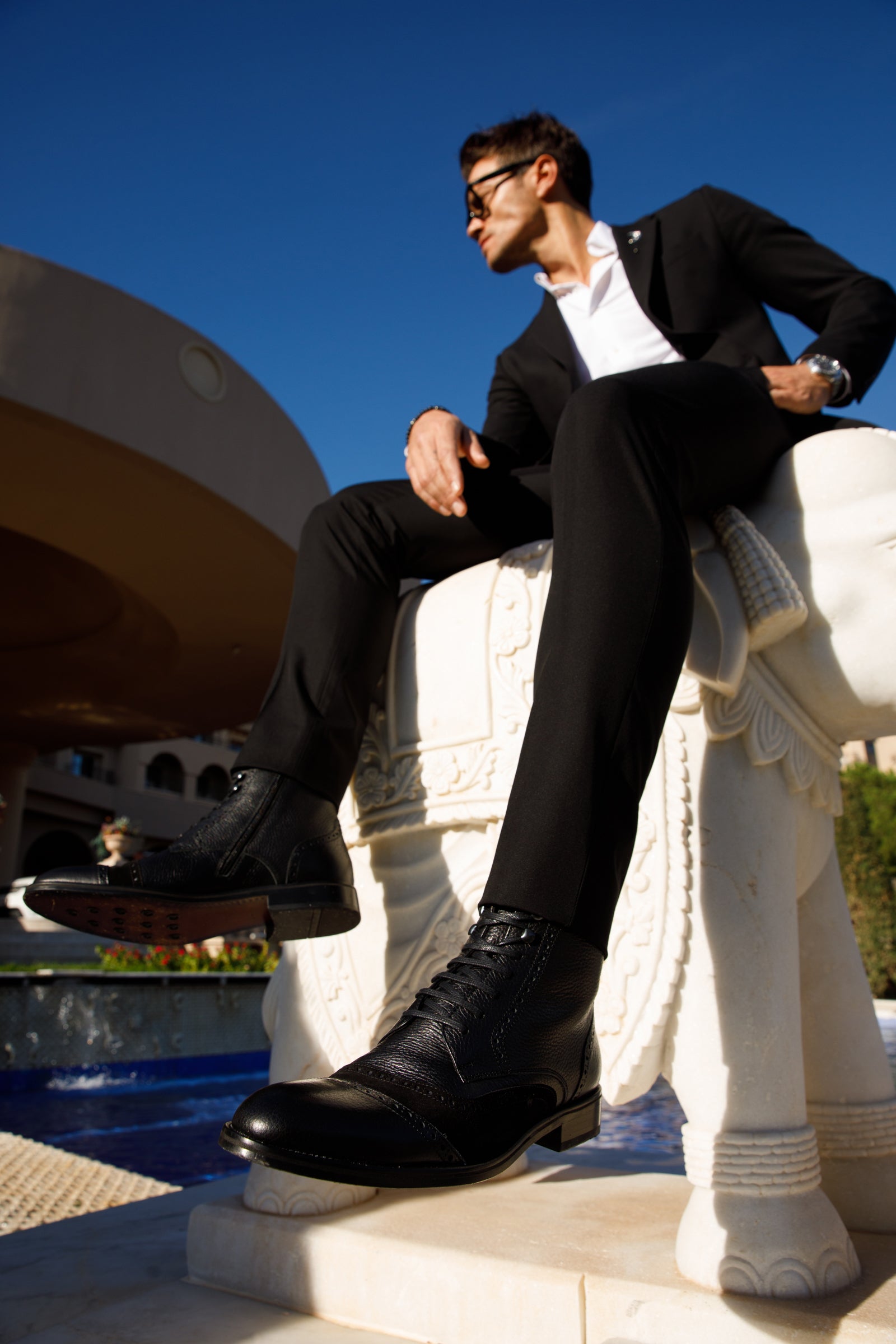 The Anderson Black Leather Suede Brogue Lace-Up  Boot with a Zipper
